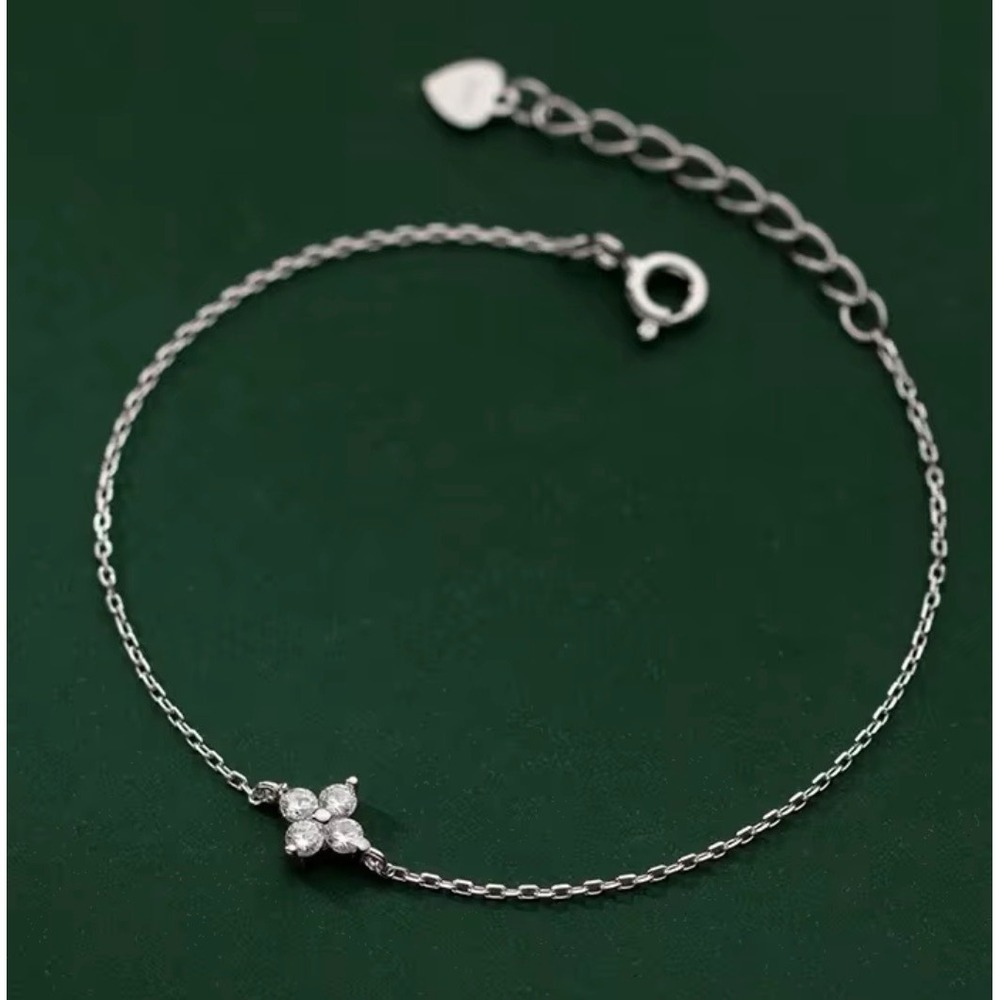 Silver Four Petal Flower CZ Dainty Chain Bracelet Adjustable Heart Charm